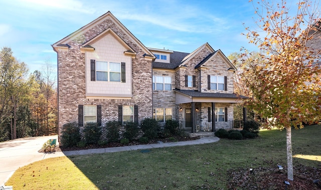 craftsman-style home with covered porch and a front lawn