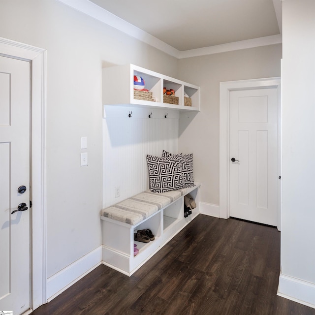 mudroom with dark hardwood / wood-style flooring and ornamental molding