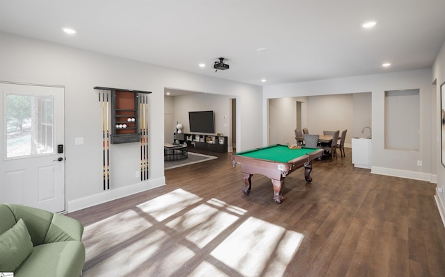 playroom featuring dark hardwood / wood-style flooring and billiards