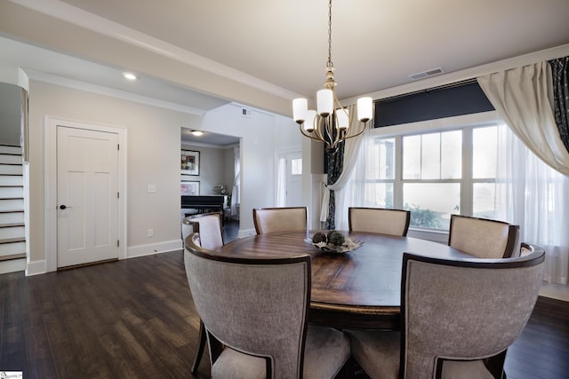 dining space featuring crown molding, dark hardwood / wood-style flooring, pool table, and a notable chandelier