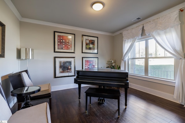 misc room with ornamental molding and dark wood-type flooring