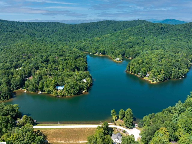 aerial view featuring a water and mountain view