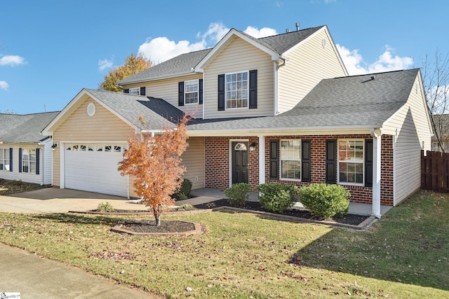 front facade featuring a porch, a garage, and a front lawn