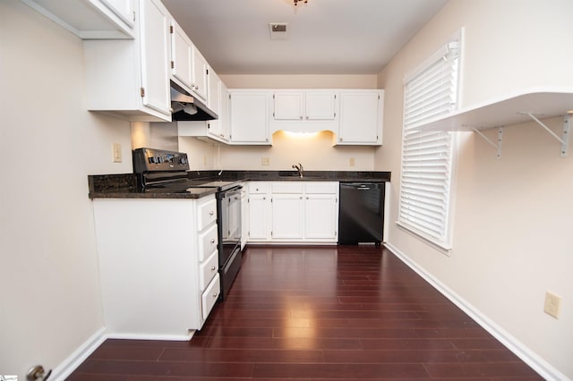 164 Buckstone Ln, Spartanburg, SC 29307 - kitchen with black appliances, dark wood finished floors, white cabinetry, and under cabinet range hood