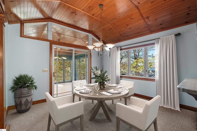 carpeted dining area with a chandelier, wood ceiling, and vaulted ceiling