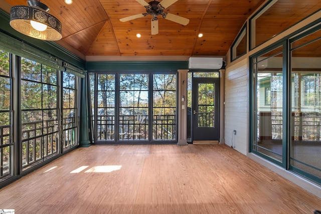 unfurnished sunroom featuring a healthy amount of sunlight, wood ceiling, and vaulted ceiling