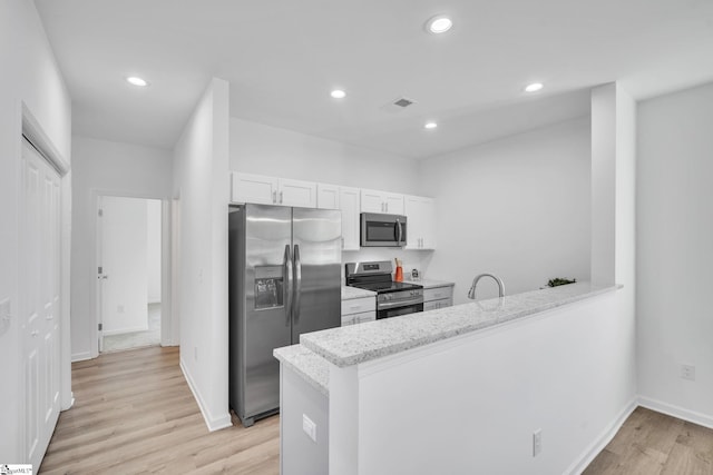 kitchen featuring kitchen peninsula, white cabinets, stainless steel appliances, and light wood-type flooring