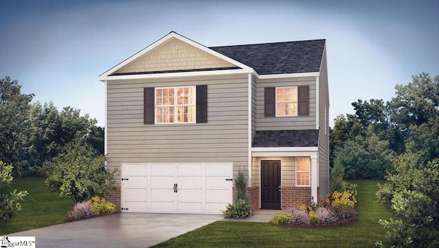 view of front of home with a garage and a front lawn