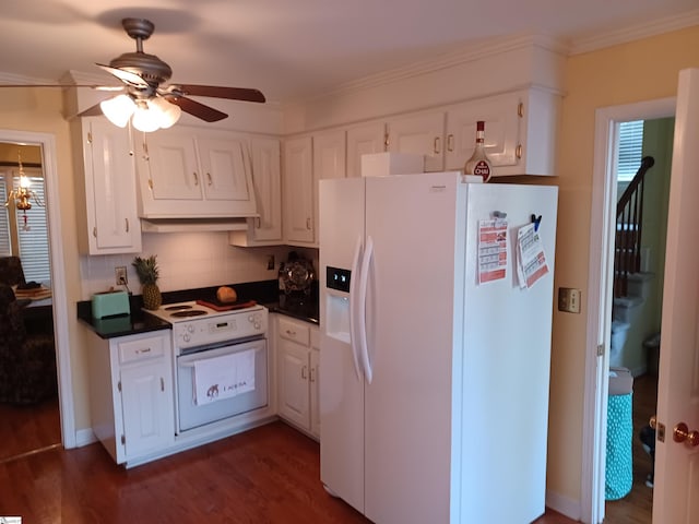 kitchen featuring ceiling fan, tasteful backsplash, dark hardwood / wood-style floors, white appliances, and white cabinets