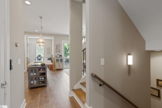 foyer entrance featuring wood-type flooring and lofted ceiling