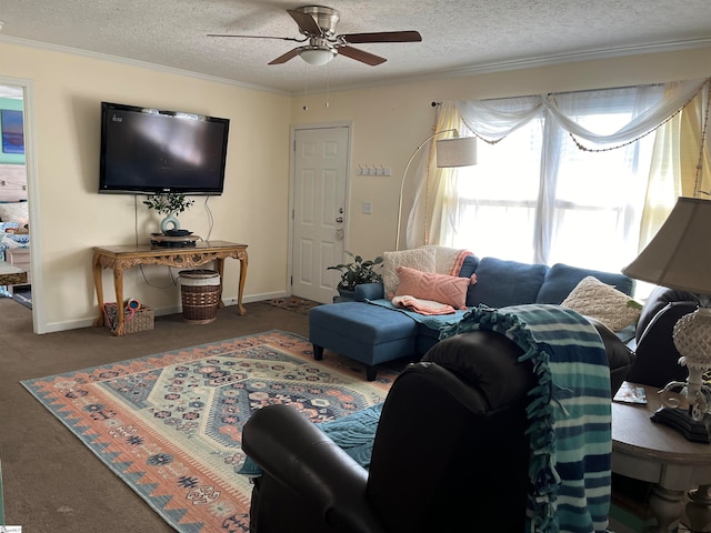 living room featuring carpet, ceiling fan, ornamental molding, and a textured ceiling