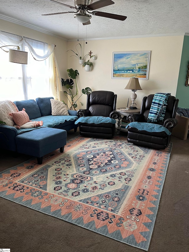 living room with a textured ceiling, carpet floors, ceiling fan, and ornamental molding