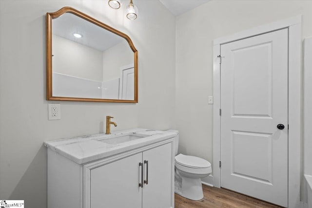 bathroom with wood-type flooring, vanity, and toilet