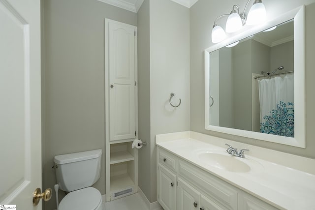 bathroom with vanity, toilet, walk in shower, and crown molding