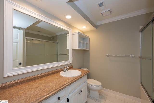 bathroom featuring walk in shower, tile patterned flooring, crown molding, toilet, and vanity