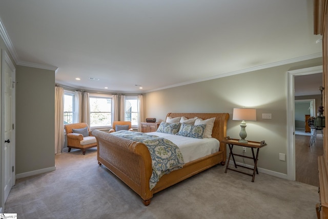 bedroom featuring light carpet and ornamental molding