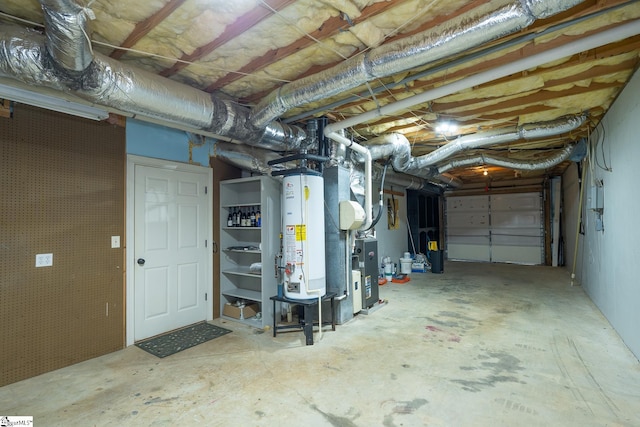 basement featuring heating unit and gas water heater