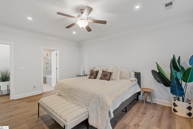 bedroom with ceiling fan, crown molding, and light hardwood / wood-style floors