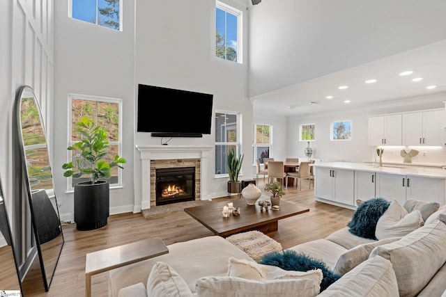 living room with a towering ceiling, light hardwood / wood-style floors, a stone fireplace, and a healthy amount of sunlight