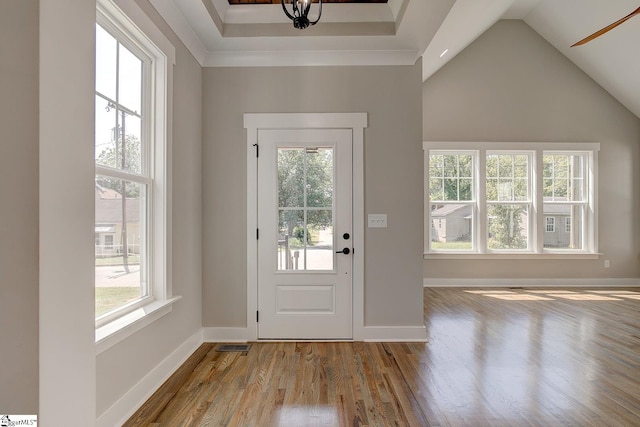 entryway featuring a wealth of natural light, light hardwood / wood-style flooring, and high vaulted ceiling