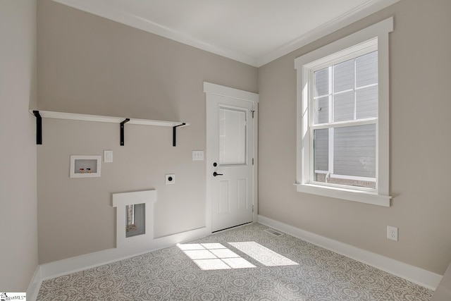 clothes washing area with washer hookup, electric dryer hookup, and ornamental molding