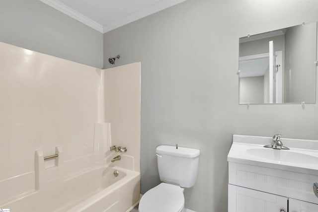 full bathroom with bathtub / shower combination, vanity, toilet, and crown molding