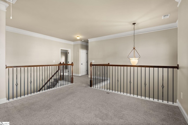 corridor featuring carpet and ornamental molding