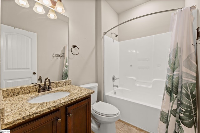 full bathroom with tile patterned flooring, vanity, toilet, and shower / bathtub combination with curtain