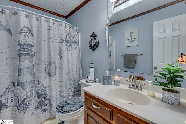 bathroom with walk in shower, vanity, a textured ceiling, and ornamental molding