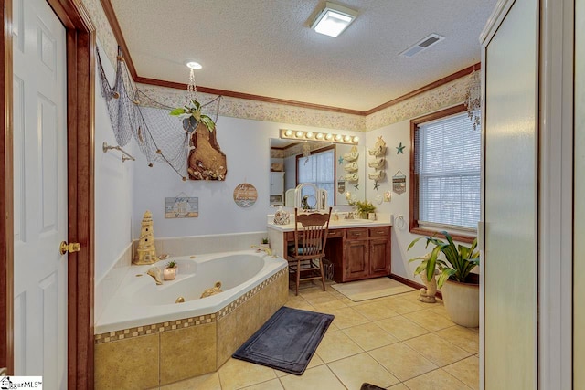 bathroom with a textured ceiling, vanity, crown molding, a relaxing tiled tub, and tile patterned flooring