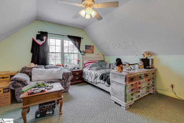 bedroom featuring ceiling fan, lofted ceiling, and carpet floors