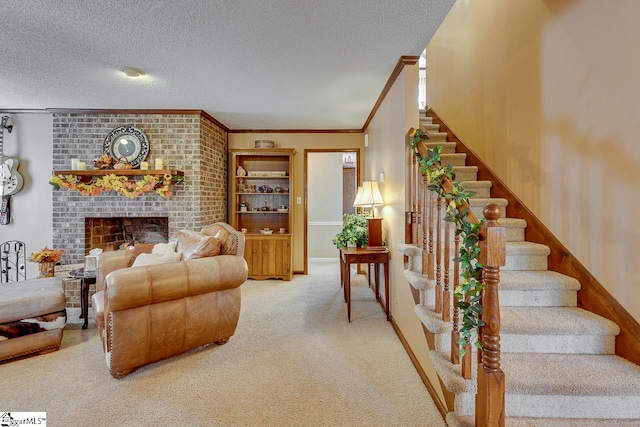 living room with light carpet, a textured ceiling, a brick fireplace, and crown molding