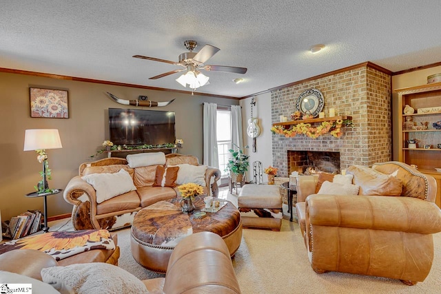 living room with a fireplace, ceiling fan, crown molding, and a textured ceiling