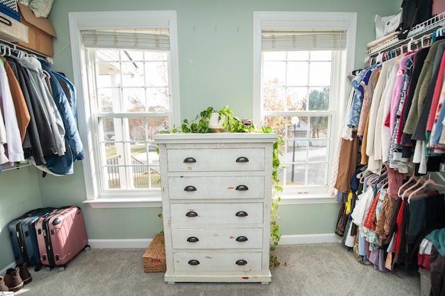 spacious closet with light colored carpet