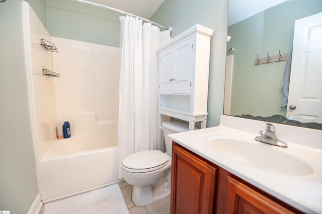 full bathroom with tile patterned flooring, shower / bath combo, toilet, and vanity