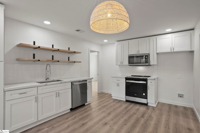 kitchen with backsplash, sink, appliances with stainless steel finishes, light hardwood / wood-style floors, and white cabinetry