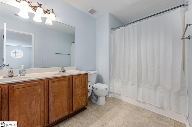 full bathroom with vanity, toilet, and shower / bathtub combination with curtain