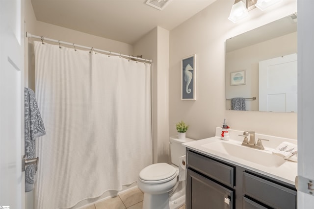 bathroom with tile patterned floors, vanity, toilet, and a shower with curtain