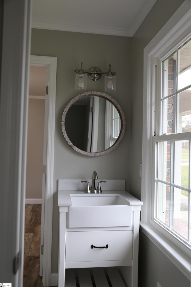 bathroom featuring vanity and ornamental molding