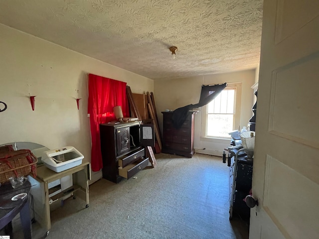 miscellaneous room featuring a textured ceiling and light colored carpet