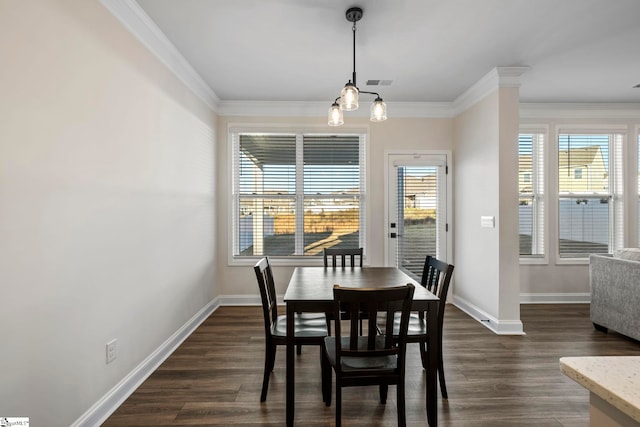 dining area with crown molding and dark wood-type flooring