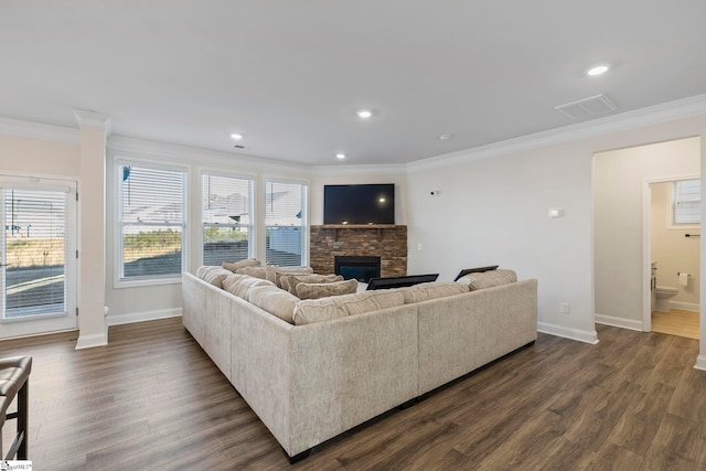 living room featuring ornamental molding, a stone fireplace, and dark wood-type flooring