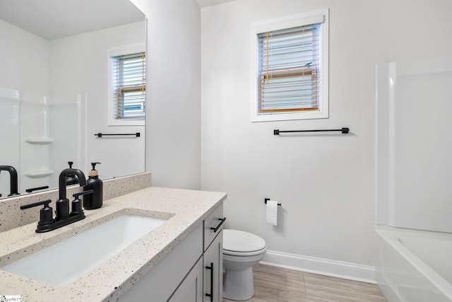 bathroom with wood-type flooring, vanity, toilet, and walk in shower