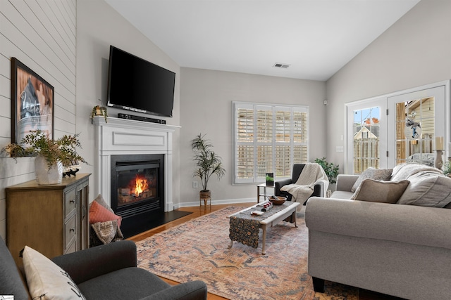 living room with wood-type flooring and lofted ceiling