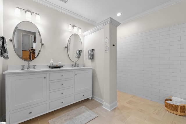 bathroom with vanity, tile patterned floors, and ornamental molding