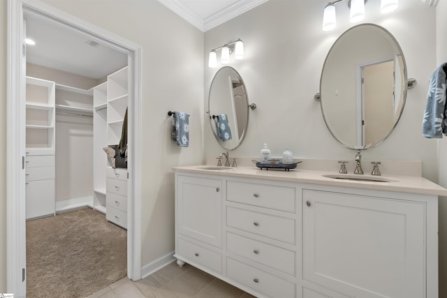 bathroom with vanity and crown molding