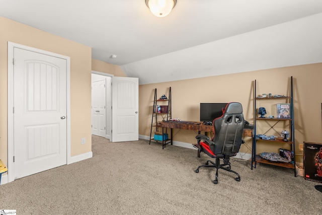 office area with light carpet and lofted ceiling