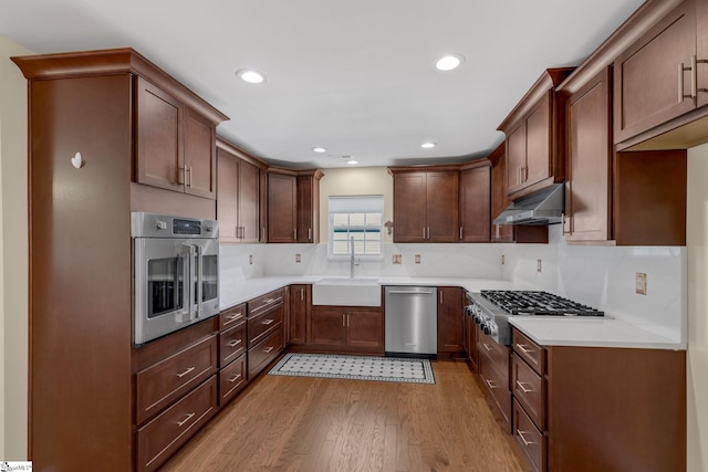 kitchen featuring sink, appliances with stainless steel finishes, and light hardwood / wood-style flooring