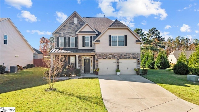 view of front of house featuring central AC, a front lawn, and a garage