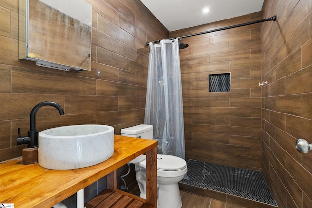 bathroom featuring sink, toilet, and walk in shower